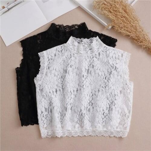 Women Hollow Floral Lace False Fake Collar Turtleneck Detachable Dickey Half Shirt Blouse Elegant Sleeveless Underwear