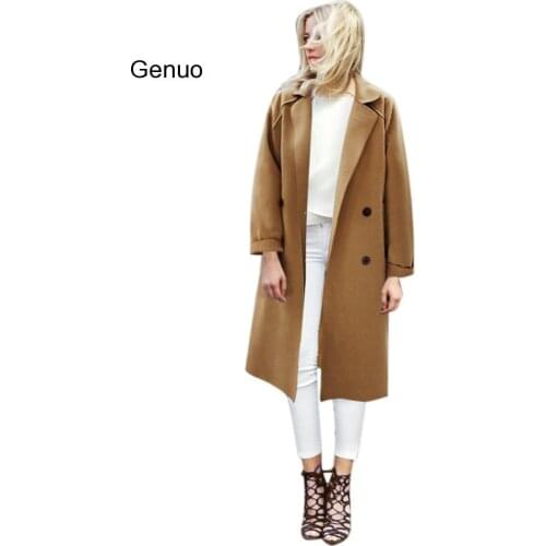 Women Autumn Winter Casual Solid Double buckle Button Jacket Outwear Wool Blend Trench Coat Overcoat Outercoat