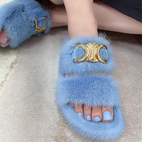 Ladies Casual Fluffy Slippers Fur Flat Real Mink Slippers Fur Slippers European Station Autumn And Winter New Womens Slippers