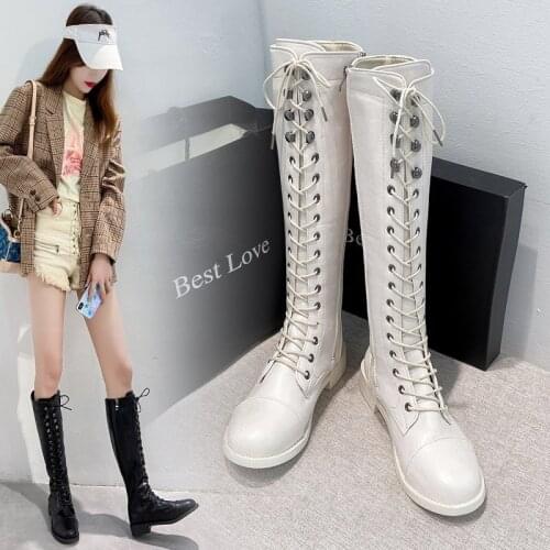 Chunky Platform Pu Leather Knee High Boots Women Retro Punk Height Long Boots Woman Lace Up Booties 2020