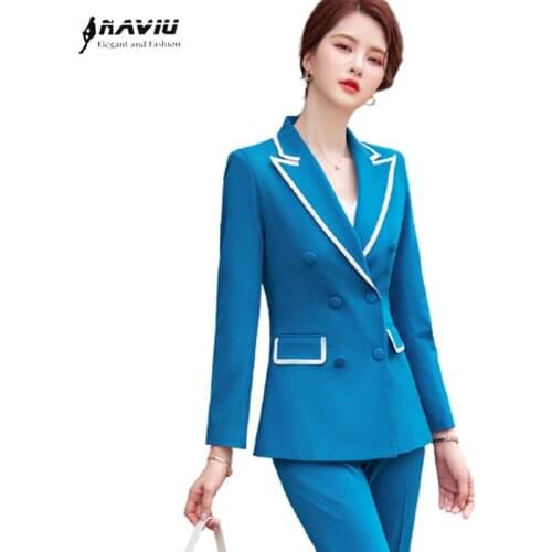 Blue Suits Women 2021 New High End Temperament Fashion Formal Slim Long Sleeve Blazer And Pants Office Ladies Work Colthes