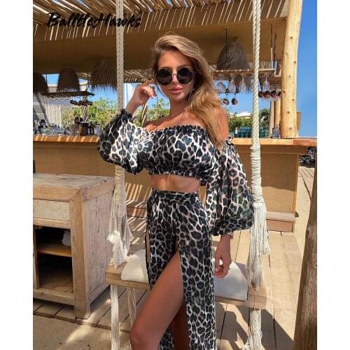 Sweet Sexy Off Shoulder 2 Piece Set Bathing Suit Beach Bikini Cover Up Women 2021 Long Sleeve Crop Top+Split Maxi Skirt Swimsuit