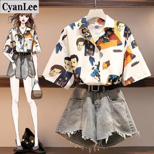 Plus Size 2020 Summer New Fashion 2 Piece Set Women Comic Flower Printted Loose Tshirt And Daisy Embroidery Denim Shorts Suits