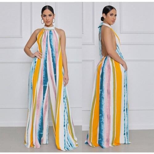 Women Printed Striped Jumpsuit Wide Leg Halter Loose Backless Summer Beachwear Casual Holiday Oversized Vacation Wear