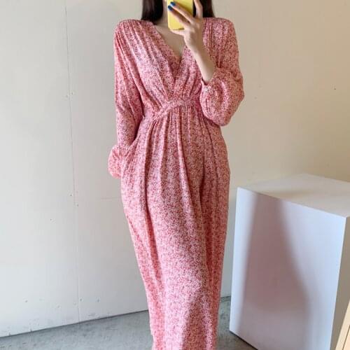Korean chic sweet romantic V-neck cross show thin high waist loose double pocket design floral dress 210406