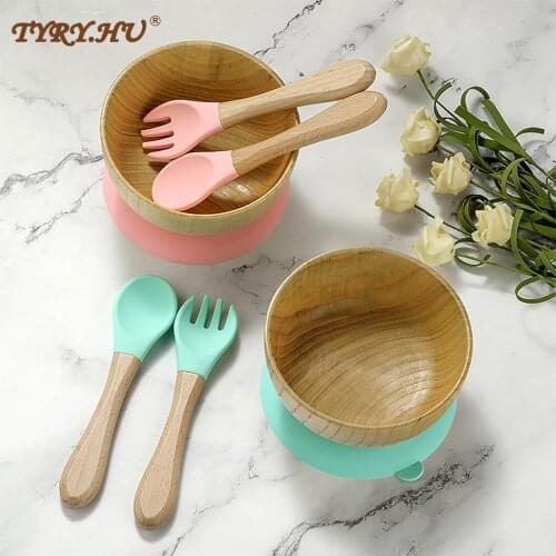 1set Wooden Natural Baby Bowl Set Tableware Waterproof Silicone Spoon Non-Slip BPA Free Silicone Portable Tableware for Children