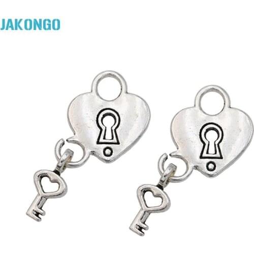 10PCS Tibetan Silver Tone Love Lock Small Key Charms Pendants for Jewelry Making DIY Handmade Craft 25x15mm
