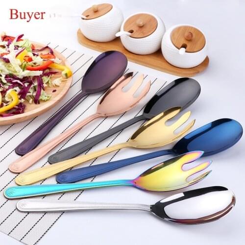 2PCS Stainless Steel Large Salad Spoon Fork Set Mixing Cooking Fruit Salad Spoon and Salad Fork Kitchen Restaurant Tool