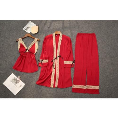 2021 Sexy Silk Satin Womens Pajamasv Robe Bath Gown Nightdress Spring And Summer Pijamas Pants Home Wear Nightwear Sleepwear