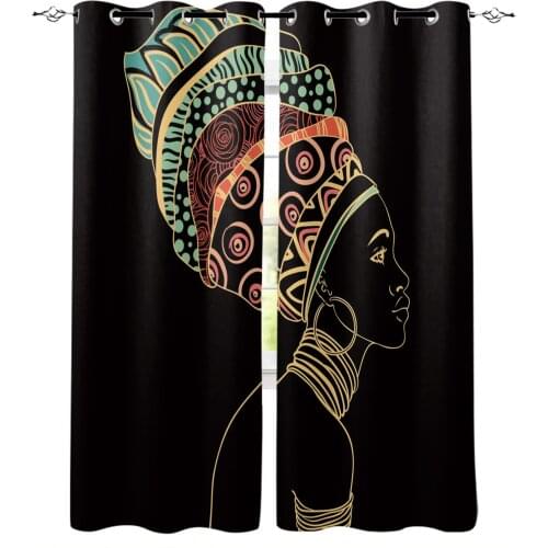 African Woman Headscarf Flower Line Black Curtains For Living Room Bedroom Window Treatment Blinds Drapes Kitchen Curtains