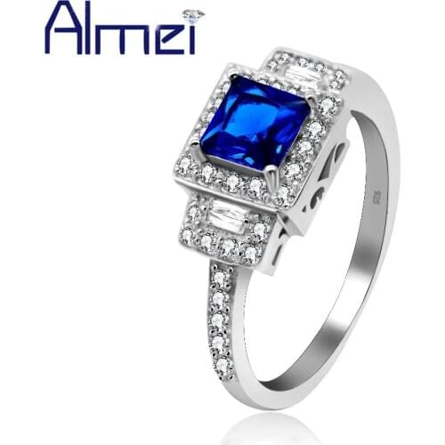Almei 40% One Piece Wedding Real 925 Sterling Silver Rings Women Blue Zirconia Ring Costume Jewelry Dropshipping USA Box JZ102