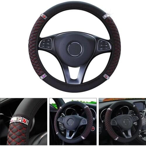 Black/Red 15''/37-38cm Car PU Leather Diamond Steering Wheel Cover Durable Steering Wheel Cover