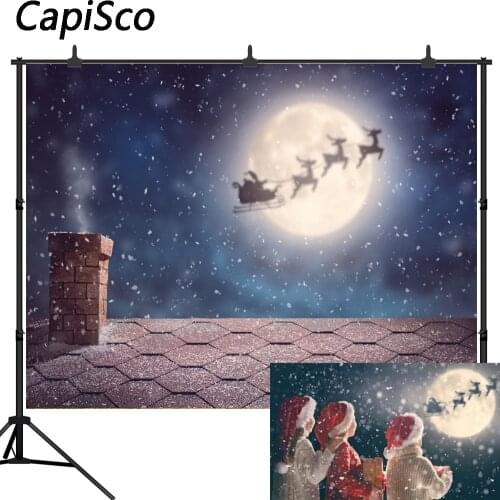 Capisco Merry Christmas Santa Claus Flies Sleigh Full Moon Night Sky winter snow photo background Computer print party backdrop