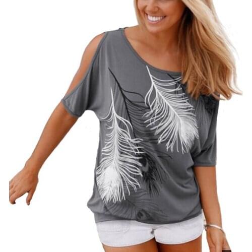 T Shirt Summer Tops Graphic Tees Women Clothes Slit Sleeve Cold Shoulder Feather Print Women Casual Loose Tshirt Girl Femme Tops