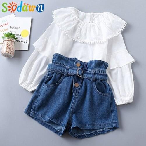 Sodawn Fashion Girl Clothing Set 2020 New Spring Autumn Pleated Solid Color Shirt + Jeans 2 Piece Set Toddler Girl Clothes