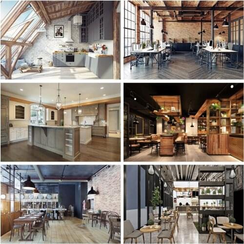 Laeacco Gray Brick Wall Modern Attic Loft Kitchen Shelf Photography Background Interior House Photographic Backdrop Photo Studio