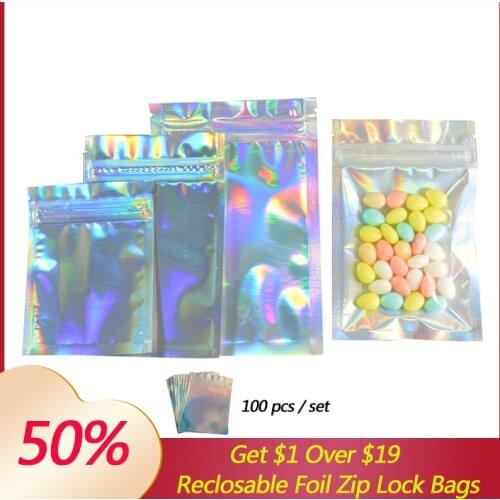 Resealable Foil Ziplock Packaging Bag Thick Holographic Rainbow Food Storage Bags Cosmetic Pouches Laser Plastic Zip Lock Bags