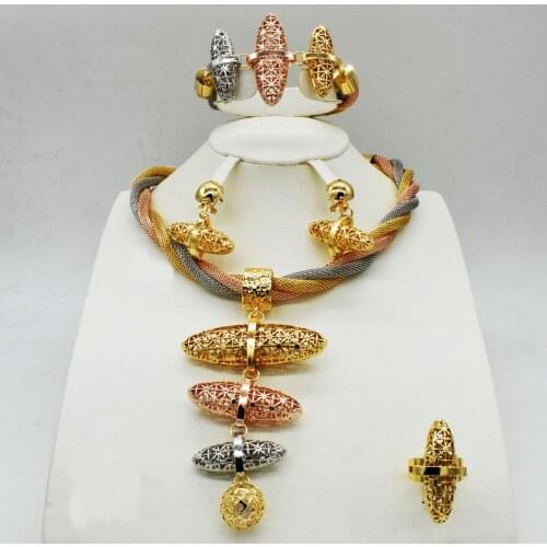 Fashion women Dubai gold-color African bead jewelry sets Bridal wedding Party shiny zircon Necklace Bangle Earring Ring