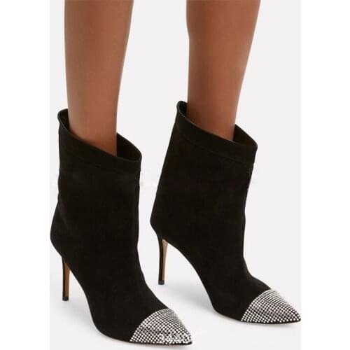 Fashion Bling Rhinestone Drilled Pointed toe Mid-calf Boots Women Thin High Heels Slip on Crystal toe Martin Boots