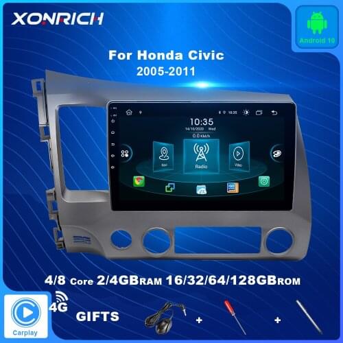 4GB 128GB DSP Android 10.0 AI Voice Control 4G Wifi Car Radio Multimedia For Honda Civic 8 2005-2011 Navigation GPS Carplay