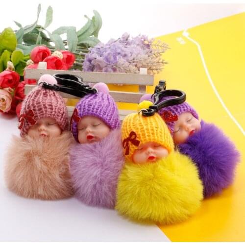 Cartoon Key Chains Cute Sleeping Baby Girl Doll Keychain Fur Ball Plush Fluffy For Women Men Bag Pendant Car Key Holder Toys