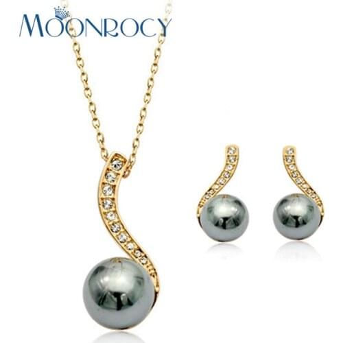 MOONROCY Imitation Pearl Necklace and Earring Jewelry Set Gray Rose Gold Color for women Gift Vintage Wholesale Drop shipping