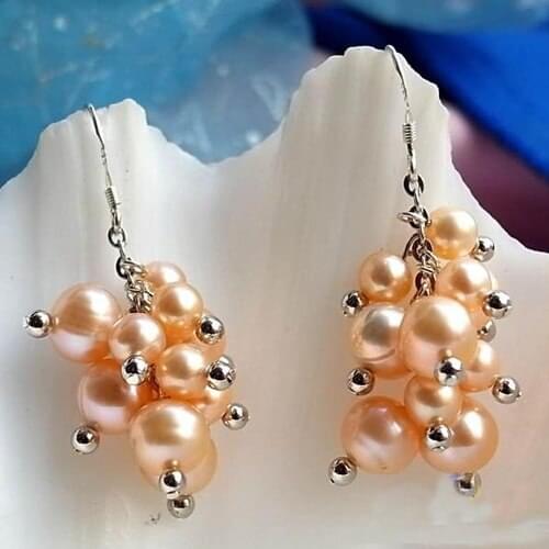 New Arrival Favorite Pearl Jewelry AAA 4-10mm Pink Round Freshwater Pearl Silver Grape Dangle Earring Perfect Lady Gift