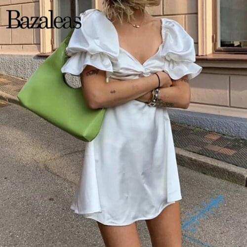 Bazaleas Palace Satin Smooth Women Dress Vintage Puff Sleeve White Dress Fashion Bow Like Silk Vestidos