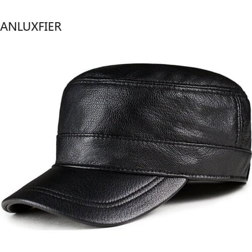 H7694 Men Goatskin Visor Cap Winter Genuine Leather Flat Top Warm Thick Hat Middle-aged and Elderly Male Fashion Casual Caps