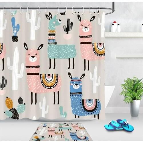 Cartoon Alpaca Shower Curtain Cactus Cute Animal Kids Baby Bathroom Decor Waterproof Polyester Fabric Bath Curtain With 12 Hooks