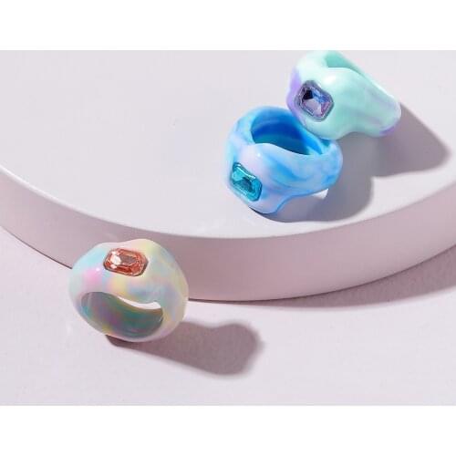 Colorful Resin Zircon Color Contrast Geometry Irregular Alien Ring for Women Party Jewelry HuanZhi 2021 New Korean Ins Trendy