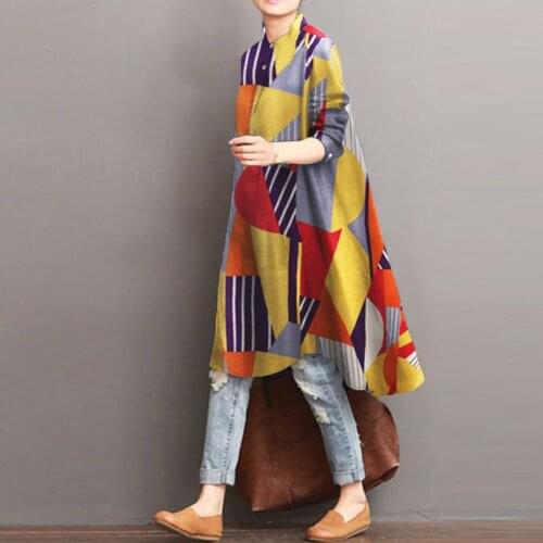 Women Dress Cotton and Linen Vintage Print Long Sleeve O Neck Button Loose Cotton Casual Loose Knee-Length Shirt Dress платье