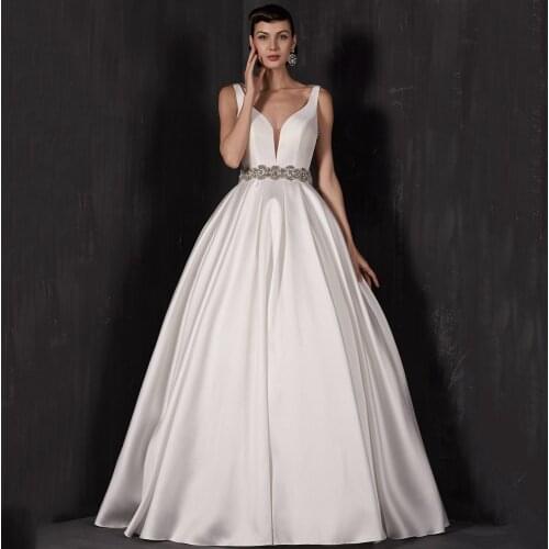Thinyfull New Arrival V Neck Sleeveless Wedding Dresses A Line Backless Bride Dresses Satin Floor Length Vestidos de novia 2020