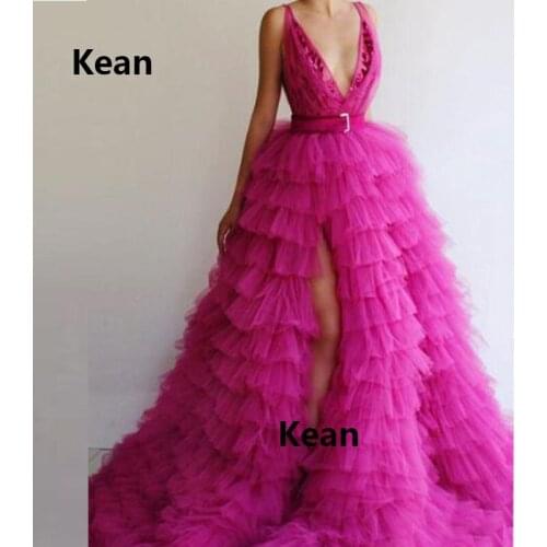 Fuchsia Slit Prom Dresses Sexy V-neck Tiered Special Occasion Party Dress Prom Gown Evening Dresses Robe De Soiree vestidos