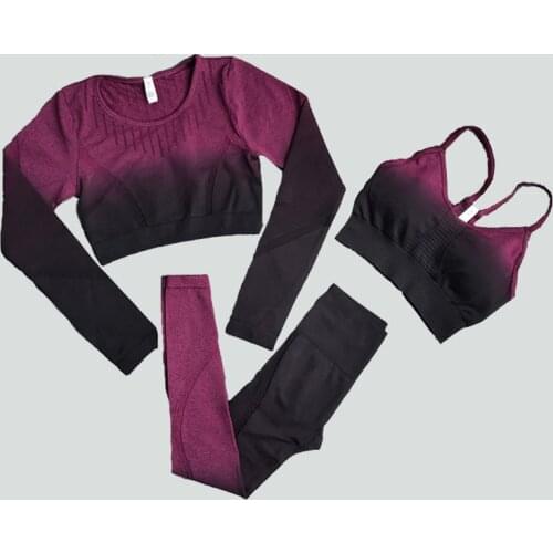 2/3pcs seamless Ombre Women Yoga Set Workout Long Sleeve Crop Top Training Leggings Gym Clothing Fitness Sportswear Sports Suits