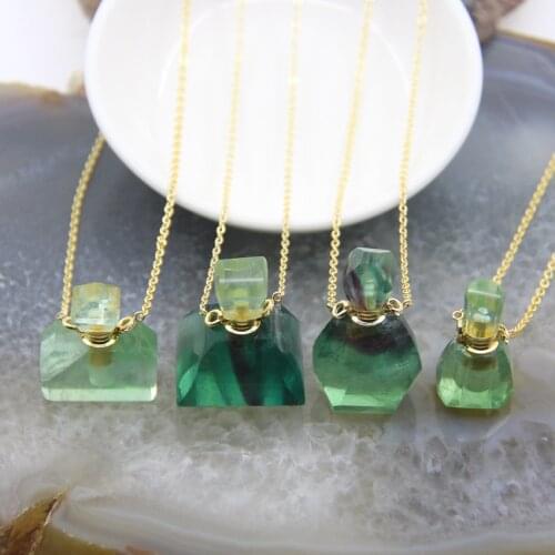 4 Styles Natural Fluorite Personalized Perfume Bottle Pendants,Gemstone Faceted Essential Oil Diffuser Vial Necklace Charms