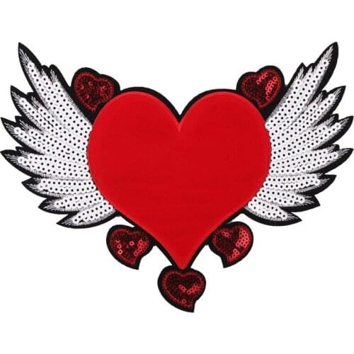 6pcs/lot Sequin Large Heart Wings Embroidery Patches Clothing Decoration Sewing Accessories Diy Iron Heat Transfer Applique
