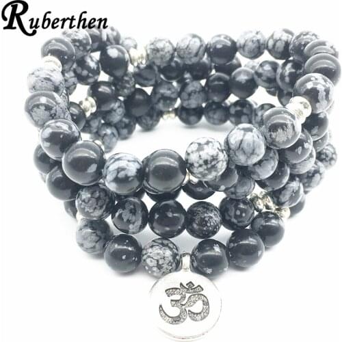 Ruberthen Natural Stone Bracelet 108 Mala Balance Ohm Charm Bracelet Natural Snowflake Ja-sper Bracelet or Necklace
