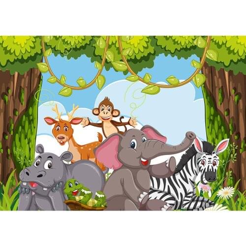 Jungle Cartoon Animals Photography Backdrop Vinyl Cloth Backgrounds for Baby Children Birthday Party Photoshoot Photo Studio