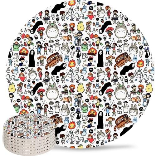 Kawaii Ghibli Doodle Ceramic Coasters Waterproof Tea Cup Mat Christmas Home Decor Coffee Table Decor Coasters for Glasses