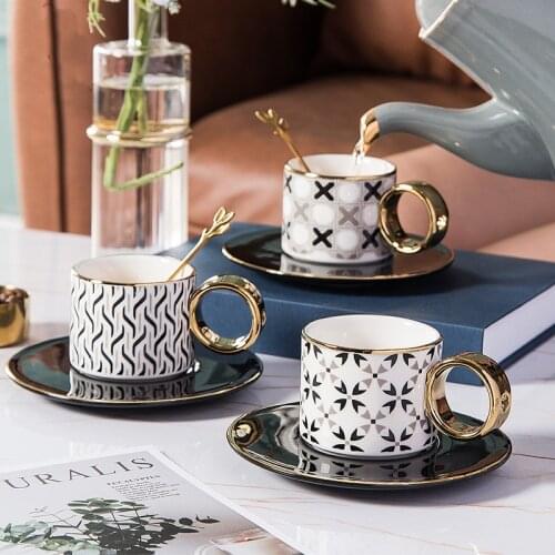 Nordic Geometry Coffee Cup and Saucer with Glod Handle and Coffee Spoon Set Ceramic Tea Cup Reusable Espresso Cups Gift 150ml