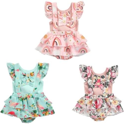 2 Pcs Newborn Baby Girls Flamingo Print Outfits Girls Ruffled Ribbed Fly Sleeve Round Neck T-shirt Suspender Pants Babys Sets
