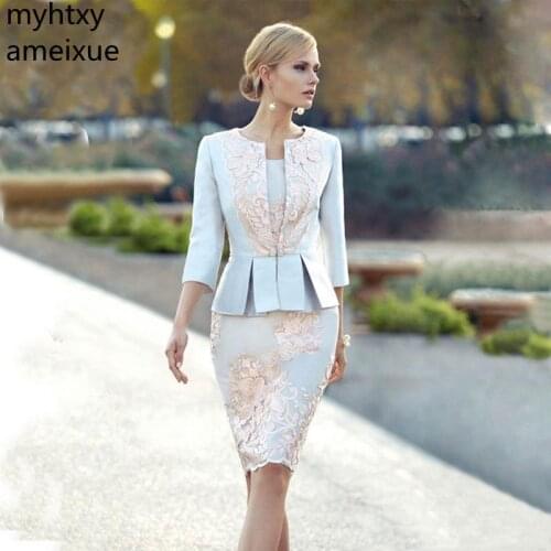 Sexy Lace Mother Of The Bride Dresses With Jacket Sheath Appliques Wedding Guest Dress 2021 Knee Length Plus Size Satin Evening