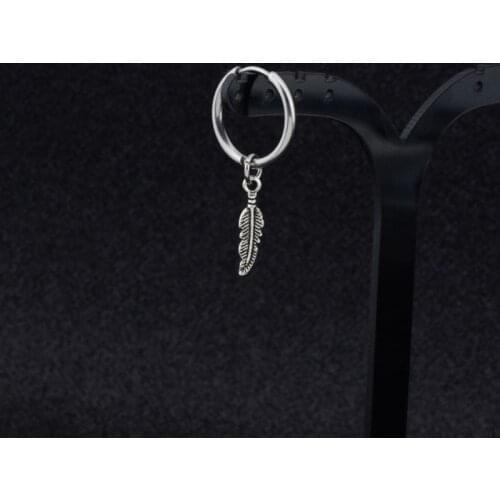 Boy Leaf Titanium Feather Pendant Hoop Drop Earrings Korean Jewelry