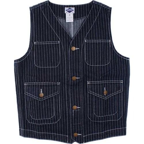 Mcikkny Fashion Men Striped Vintage Denim Vest Multi Pockets Motorcycle Waistcoats For Male Sleeves Jeans Jackets Size S-XXL