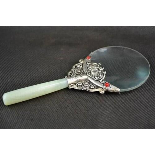 Copper Statue Old Decorated Handwork Jade Armoured Miao Silver Flower Usable Magnifying Glass
