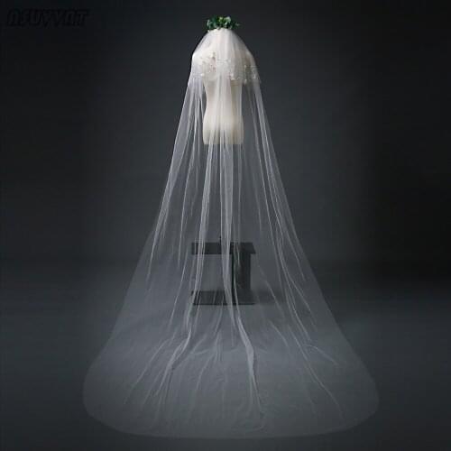 Fashion Veil Long Tail Wedding Bride Veil Double Veil Handmade Beaded Wedding Party Hair Comb Veil For Cathedral Wedding Dress