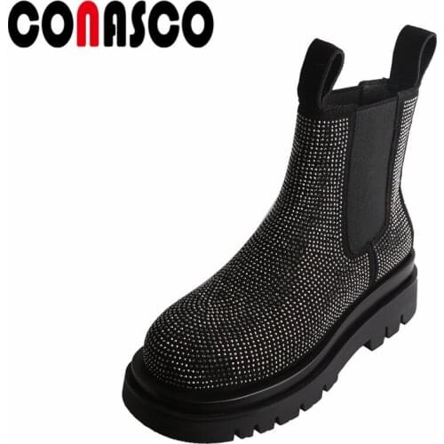 CONASC Fashion Women Ankle Boots Autumn Winter Warm Causal Prom Office Lady Concise Design BlingBling Shoes Woman