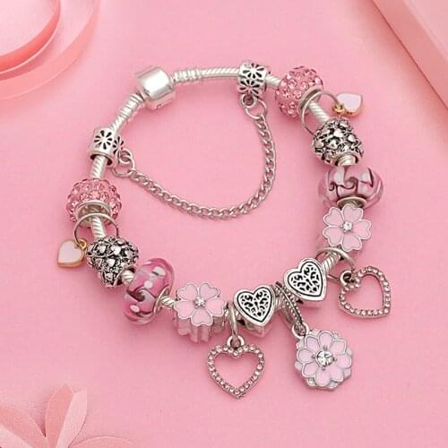 New Stylish ink Heart Flower Charm Bracelet Silver Color Heart Diy Bead Bracelet Women Bracelet Bangle Jewelry ulseira