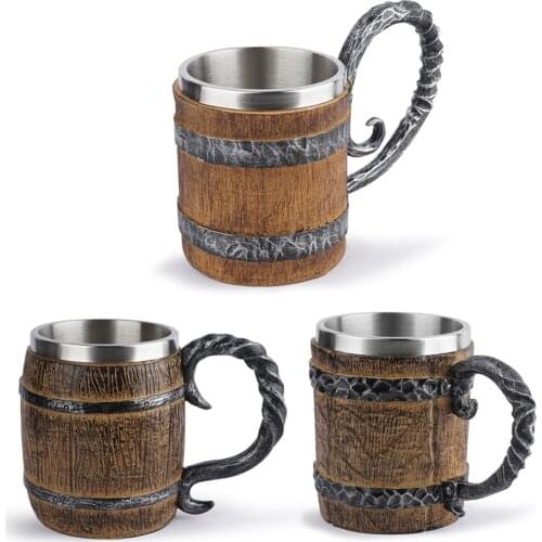 Retro Nostalgic Double Barrel Resin Beer Mug Stainless Steel Coffee cup Bar Decoration Coffee Cup Viking tea Cup Bar Bar Decorat